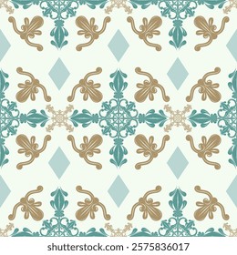 Magnificent Seamless Scroll Ornament Pattern Design Haute Couture Luxury Bluish Gold Geometric Diamond Ornate Florals Decoration Neatly for Fabrics Silk Weaves Embroidery Victorian Rococo Baroque. 