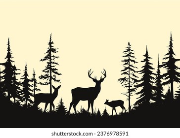 Magnificent silhouette of a herd of deer in the forested sunset