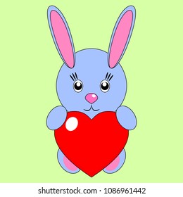 Magnificent simple light blue rabbit with a heart on a green background