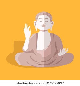 Magnificent statue of sitting Buddha Shakyamuni in Taiwan isolated on yellow. Vector illustration of tallest image in world of spiritual master. Hand drawn pattern flat and shadow design cartoon style