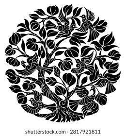 A magnificent and stylized circular tree of life illustration showcasing an abundance of hand-carved leaves and elegant birds perched harmoniously throughout the branches. Executed with a high-contrast ink silhouette aesthetic reminiscent of traditional linocut, Celtic engraving, or tribal woodblock printing, this graphic highlights intricate organic motion and structured symmetry. The bold black-and-white visual flow makes this vector artwork exceptionally well-suited for striking textile patterns, modern home wallpaper prints, spiritual branding layouts, and creative eco-friendly design elements.#TreeOfLife #MonochromePattern #LinocutStyle #InkSilhouette #FoliageBackground #VectorGraphics #OrganicDesign #TextilePrint #CelticTree #MandalaArt