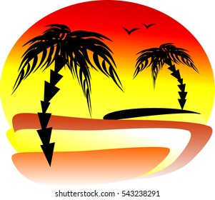 The magnificent sunset at the seaside with two palm trees on different banks. Silhouettes of seagulls on a summer sky