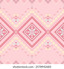 Magnificent Traditional Geometric Fairy Ethnic Pink Shades on Pastel Background. Elegance Motif Flower Tribal Seamless Pattern Vector for Decoration Silk Fabrics Textiles Scarf Packaging Homespun Deco