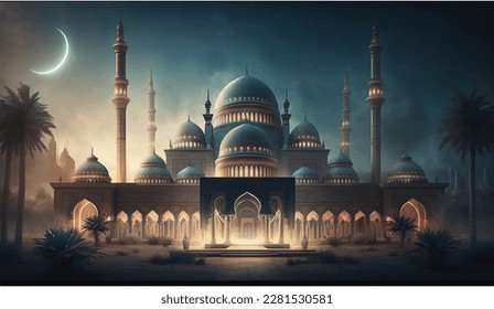 Magnífica Gran Mezquita de estilo turco en un hermoso cielo nocturno. Hermosa e impresionante Masjid con una luna creciente de Ramadán en el cielo