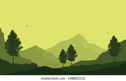 A magnificent view of the mountains from the edge of the city at sunrise with a nice silhouette of pine trees. Vector illustration of a city