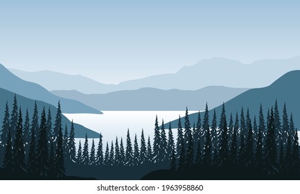 Magnificent view of the mountains in the morning on the riverbank with the silhouette of the surrounding pine trees. Vector illustration of a city