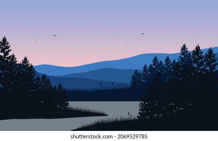 Magnificent view of the mountains from the riverbank at dusk with the silhouettes of pine trees around it. Vector illustration of a city