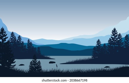 A magnificent view of the mountains from the riverbank at sunrise in the morning. Vector illustration of a city