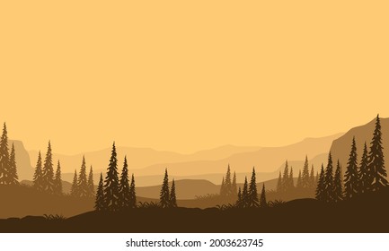 Magnificent view of the mountains with the silhouette of pine trees in the afternoon. Vector illustration of a city