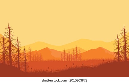 Magnificent view of the mountains and the silhouette of the pine trees from the suburb on a sunny afternoon. Vector illustration of a city