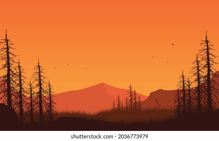 Magnificent view of the mountains with the stunning silhouette of dry trees from the countryside at dusk. Vector illustration of a city