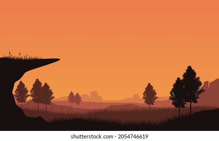 Magnificent view of nature from the out of the city at dusk. Vector illustration of a city
