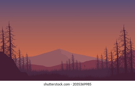 A magnificent view of the silhouette of the mountains with dry trees from the suburb at dusk. Vector illustration of a city