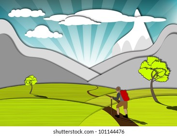 Magnificent view of the wanderer and the mountains, eps10 vector