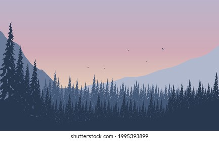 Magnificent views of the mountains with forests from the edge of the city in the evening. Vector illustration of a city