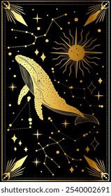 A magnificent whale swims through a cosmic ocean of stars under the shimmering sun in this artistic celestial design