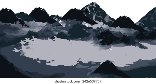 Magnificent wide angle view of snow covered rocky mountains near frozen lake under cloudy sunset sky in Iceland