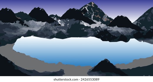 Magnificent wide angle view of snow covered rocky mountains near frozen lake under cloudy sunset sky in Iceland