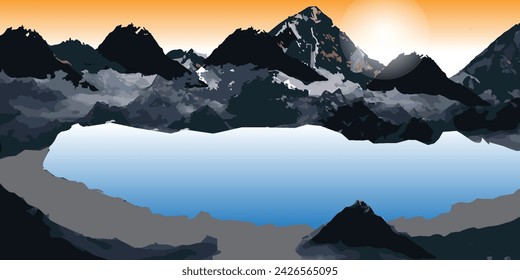 Magnífica vista panorámica de montañas rocosas cubiertas de nieve cerca de un lago congelado bajo el cielo nublado de la puesta del sol en Islandia