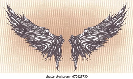 Magnificent wingspan of fantasy  demon or monster. Vector illustration isolated graphic style Sketch for tattoo, hipster t-shirt design, vintage style posters. Decorative gold element vintage style.