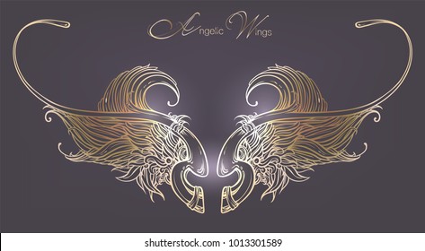Magnificent wingspan of fantasy  monster or angel. Vector illustration isolated graphic style Sketch for tattoo, hipster t-shirt design, vintage style posters.Angelic wings for St. Valentine's Day. 