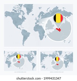 Magnified Belgium over Map of the World, 3 versions of the World Map with flag and map of Belgium. Vector Illustration.