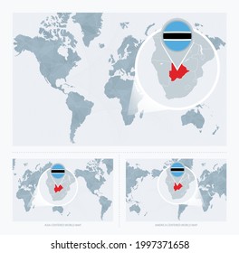 Magnified Botswana over Map of the World, 3 versions of the World Map with flag and map of Botswana. Vector Illustration.