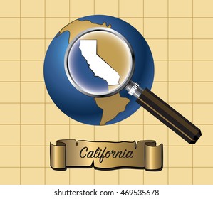 Magnified California State Map on Globe Vector Illustration