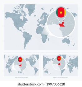 Magnified Cameroon over Map of the World, 3 versions of the World Map with flag and map of Cameroon. Vector Illustration.