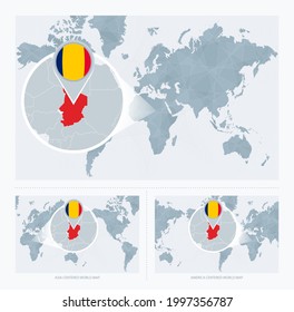 Chad ampliado por el Mapa del Mundo, 3 versiones del Mapa Mundial con bandera y mapa de Chad. Ilustración vectorial.
