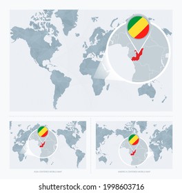 Magnified Congo über Karte der Welt, 3 Versionen der Weltkarte mit Flagge und Karte des Kongo. Vektorgrafik.