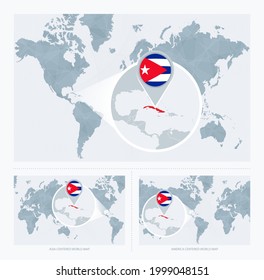 Magnified Cuba over Map of the World, 3 versions of the World Map with flag and map of Cuba. Vector Illustration.