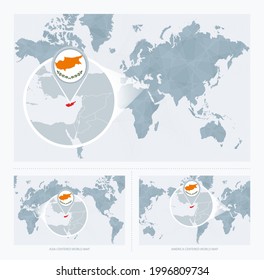 Magnified Cyprus over Map of the World, 3 versions of the World Map with flag and map of Cyprus. Vector Illustration.