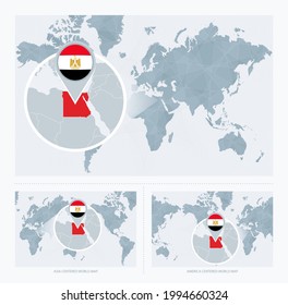 Magnified Egypt over Map of the World, 3 versions of the World Map with flag and map of Egypt. Vector Illustration.