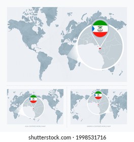 Äquatorialguinea auf Karte der Welt, 3 Versionen der Weltkarte mit Flagge und Karte Äquatorialguineas. Vektorgrafik.