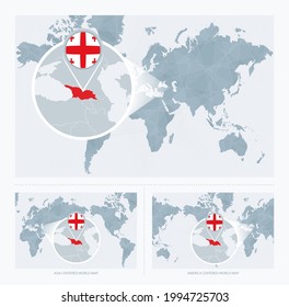 Magnified Georgia over Map of the World, 3 versions of the World Map with flag and map of Georgia. Vector Illustration.