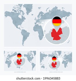 Magnified Germany auf Map of the World, 3 Versionen der Weltkarte mit Flagge und Landkarte von Deutschland. Vektorgrafik.