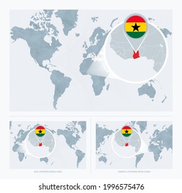 Magnified Ghana over Map of the World, 3 versions of the World Map with flag and map of Ghana. Vector Illustration.