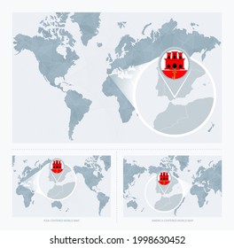 Magnified Gibraltar over Map of the World, 3 versions of the World Map with flag and map of Gibraltar. Vector Illustration.