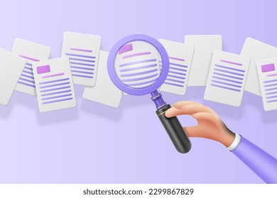 Magnified glass, many papers, hand hold optical tool. Employer looking for contract, cv search or review, information. Business concept. Vector cartoon 3d render illustration