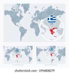 Magnified Greece over Map of the World, 3 versions of the World Map with flag and map of Greece. Vector Illustration.