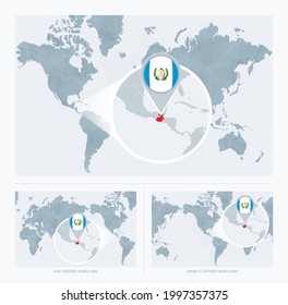 Magnified Guatemala over Map of the World, 3 versions of the World Map with flag and map of Guatemala. Vector Illustration.