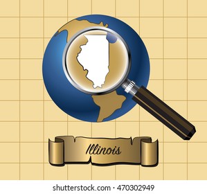 Magnified Illinois State Map on Globe Vector Illustration