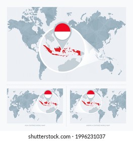 Magnified Indonesia over Map of the World, 3 versions of the World Map with flag and map of Indonesia. Vector Illustration.