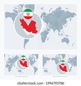 Irán magnificado por el Mapa del Mundo, 3 versiones del Mapa Mundial con bandera y mapa de Irán. Ilustración vectorial.