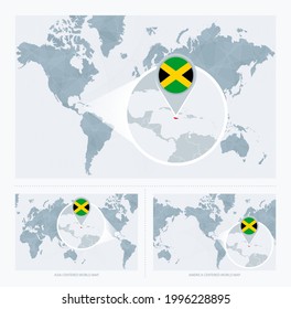 Magnified Jamaica over Map of the World, 3 versions of the World Map with flag and map of Jamaica. Vector Illustration.