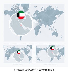 Magnified Kuwait over Map of the World, 3 versions of the World Map with flag and map of Kuwait. Vector Illustration.