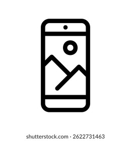 Magnified Landscape Picture Displayed on Mobile Phone Screen Outline Graphic