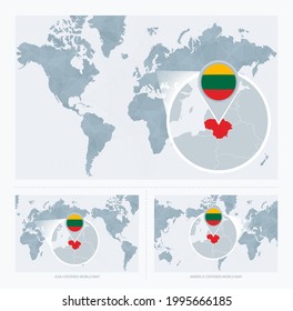 Lituania ampliada por el Mapa del Mundo, 3 versiones del Mapa Mundial con bandera y mapa de Lituania. Ilustración vectorial.