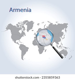 Magnified map of Armenia with the flag of Armenia, enlargement of maps, Vector Art